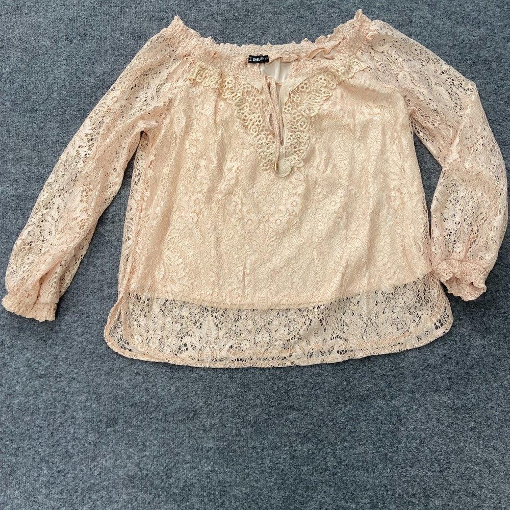 Sheilay Womens Long Sleeve Beige Lace Blouse Size S